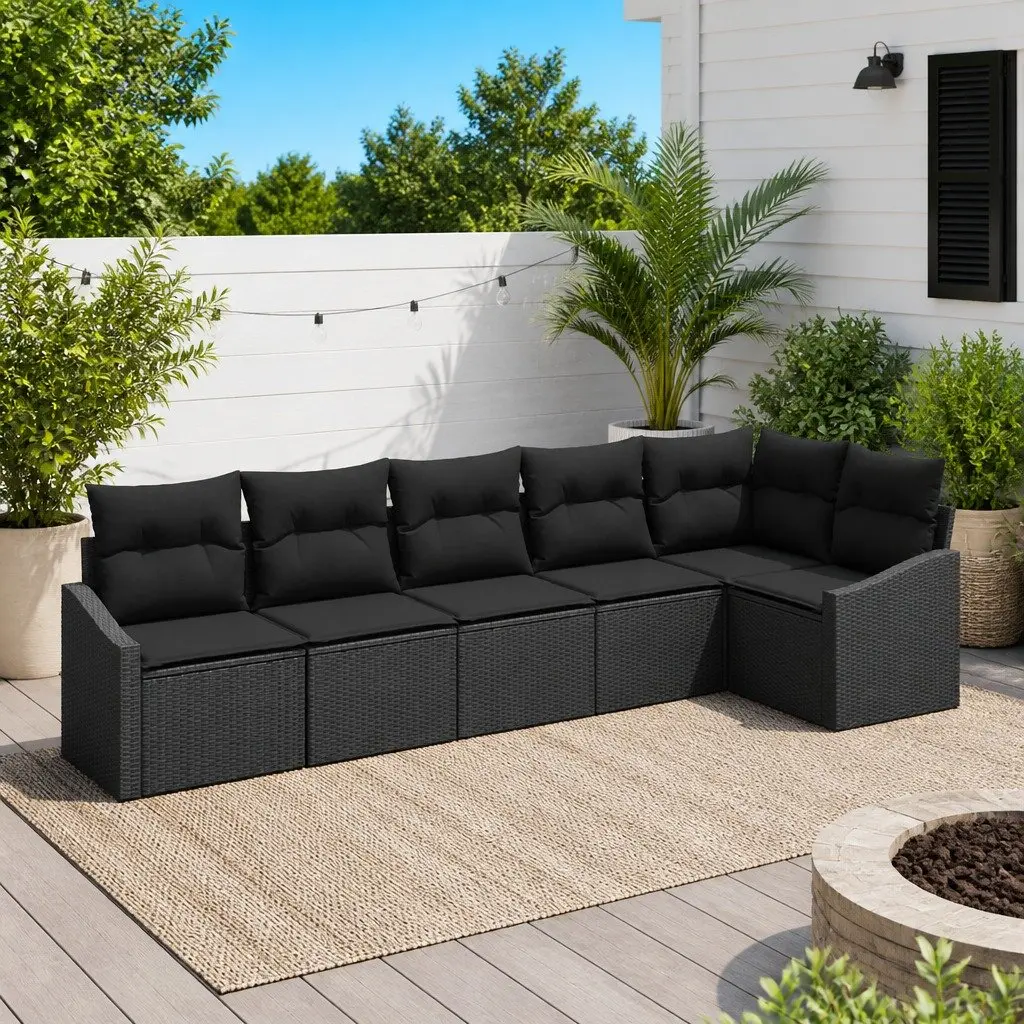 Outdoor Sofa Set 6 Piece Black Poly Rattan Garden Furniture Patio Lounge Seat