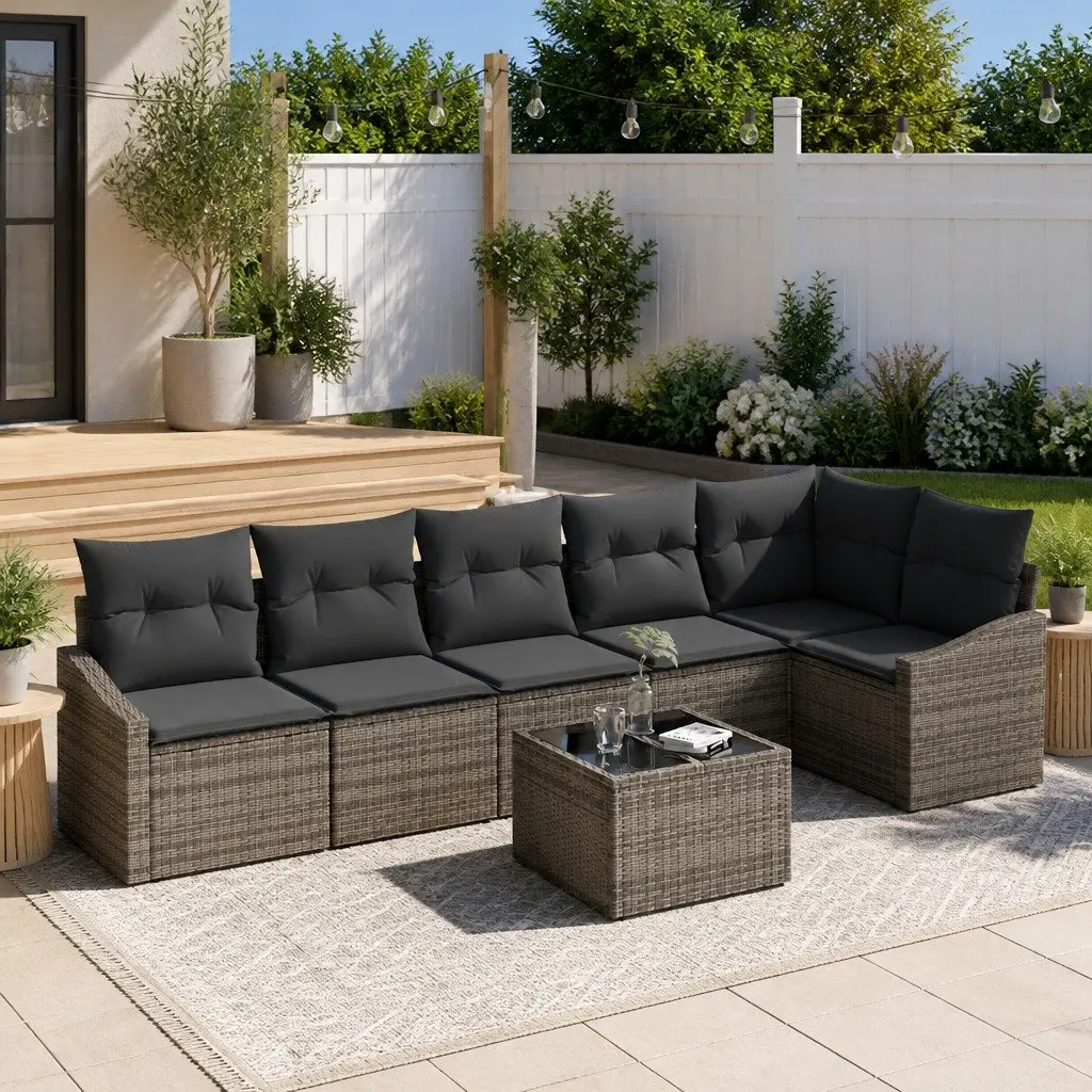 Outdoor Sofa Set Grey Poly Rattan 7 Piece Sectional Furniture for Patio Garden
