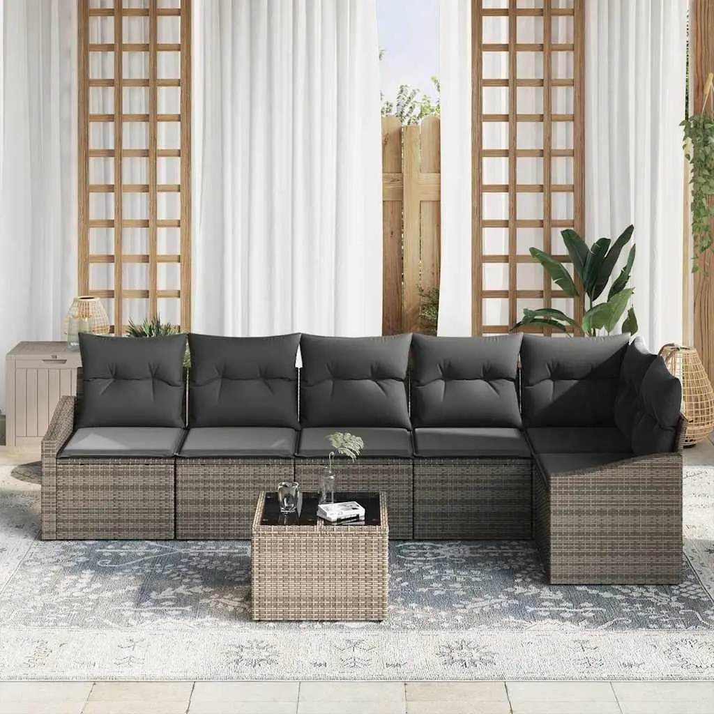 Outdoor Sofa Set Grey Poly Rattan 7 Piece Sectional Furniture for Patio Garden