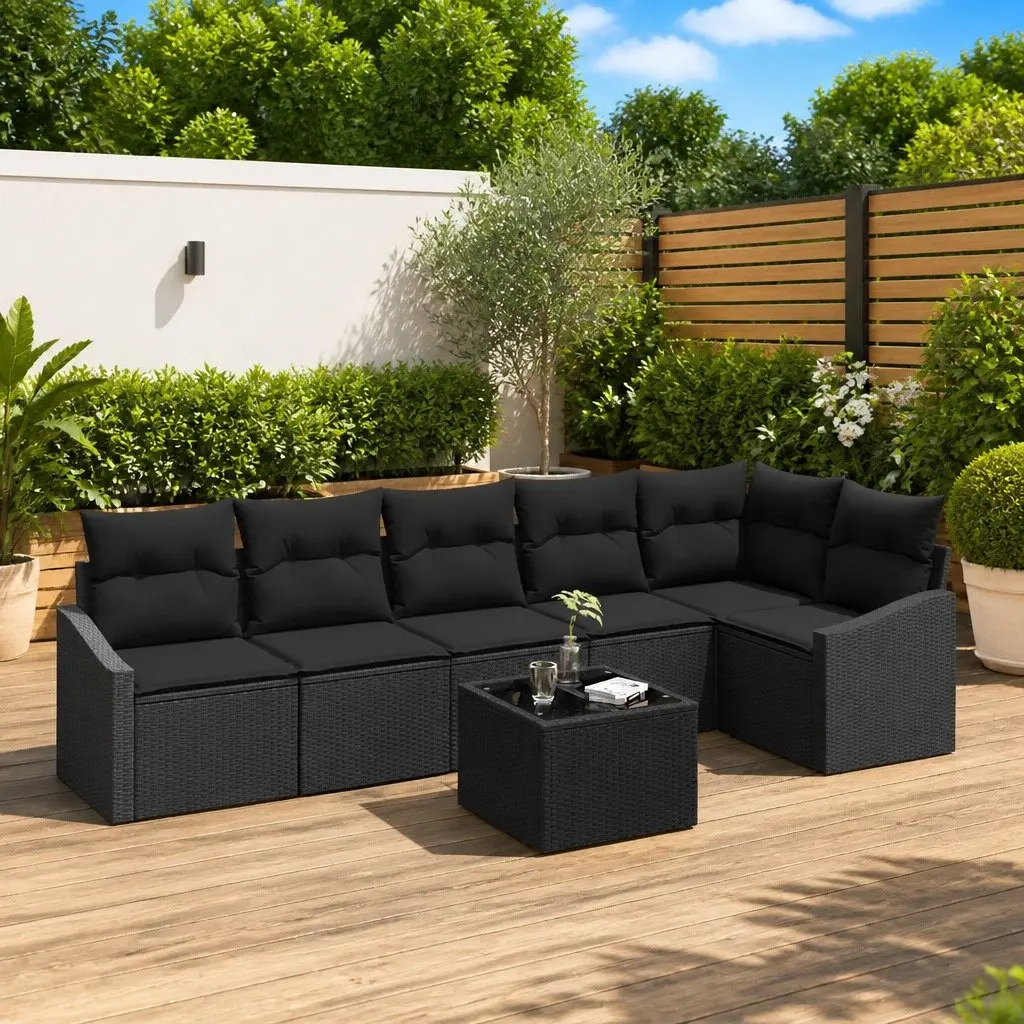 7 Piece Garden Furniture Set Black Poly Rattan Outdoor Sofa with Cushions