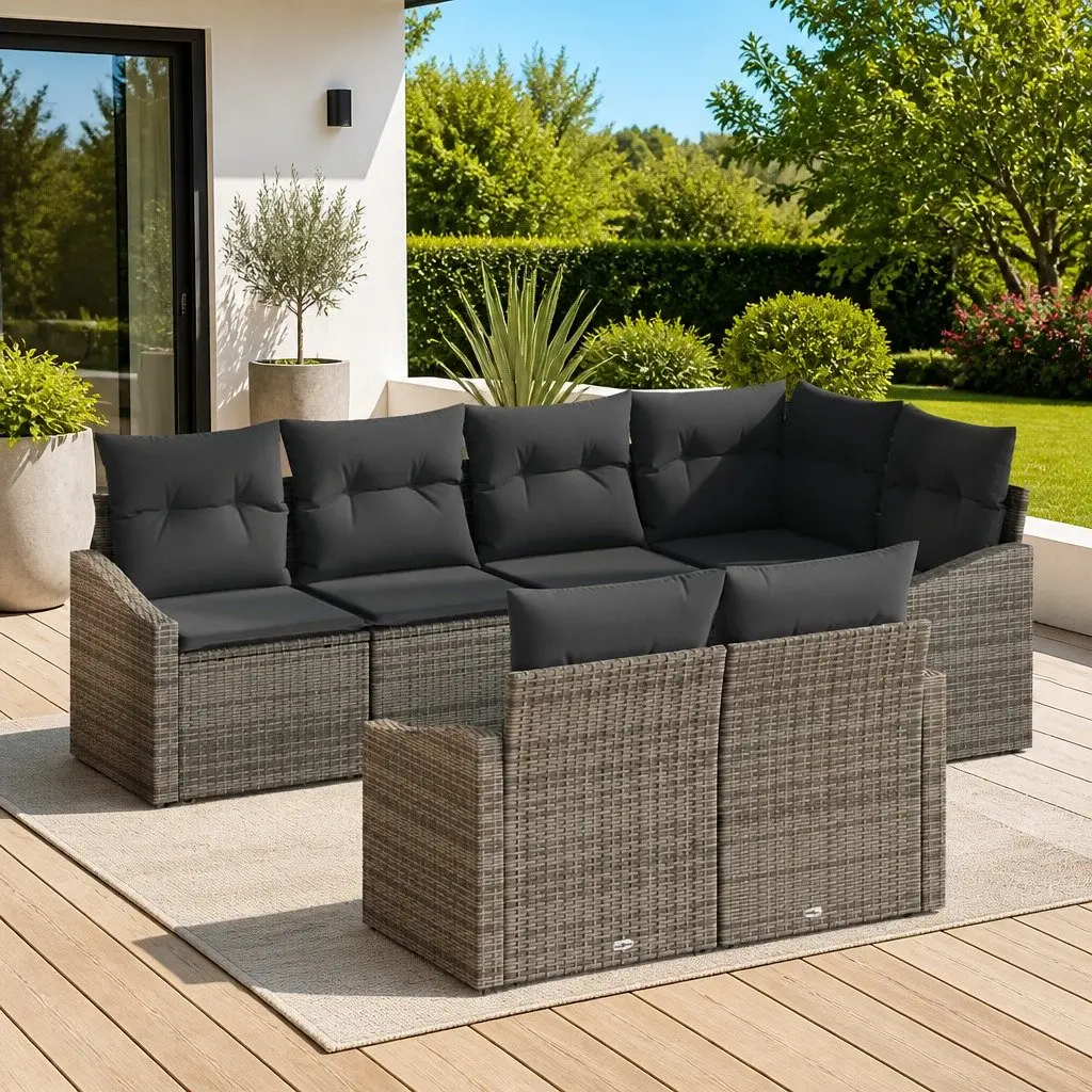 Modular Outdoor Garden Sofa Set 7 Pieces Grey Poly Rattan Patio Furniture