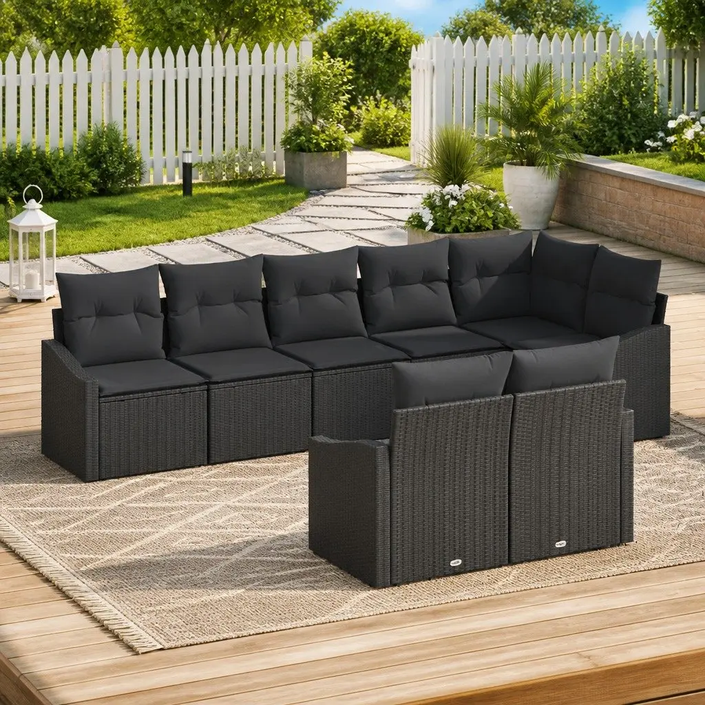 Outdoor Sofa Set 8 Piece Black Poly Rattan Garden Furniture Patio Lounge