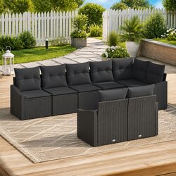 Comfortable 8-Piece Black Rattan Sofa Set