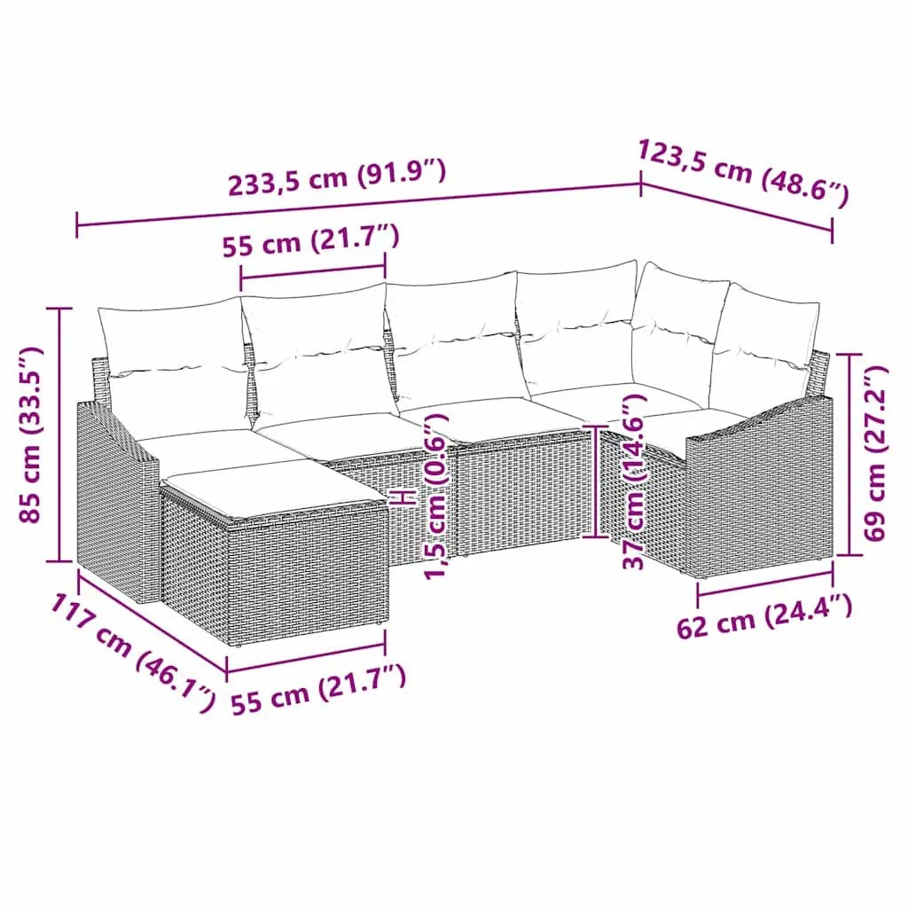 Outdoor Sofa Set Modular Garden Furniture 6 Piece Grey Poly Rattan