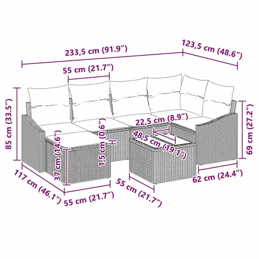 Outdoor Sofa Set Modular Garden Furniture 7 Piece Grey Poly Rattan Patio Lounge