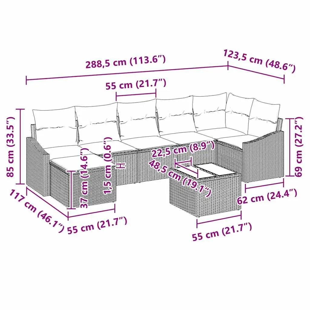 8 Piece Grey Poly Rattan Garden Patio Furniture Sofa Set with Cushions for Outdoor Living