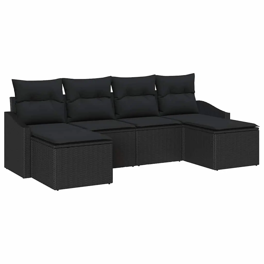Outdoor Sofa Set Modular 6 Pieces Black Poly Rattan Garden Furniture with Cushions