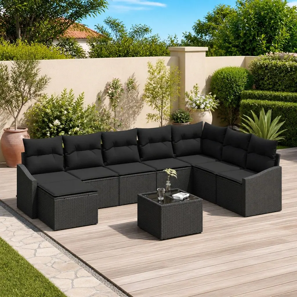 Outdoor Garden Sofa Set Modular Poly Rattan 9 Pieces Black