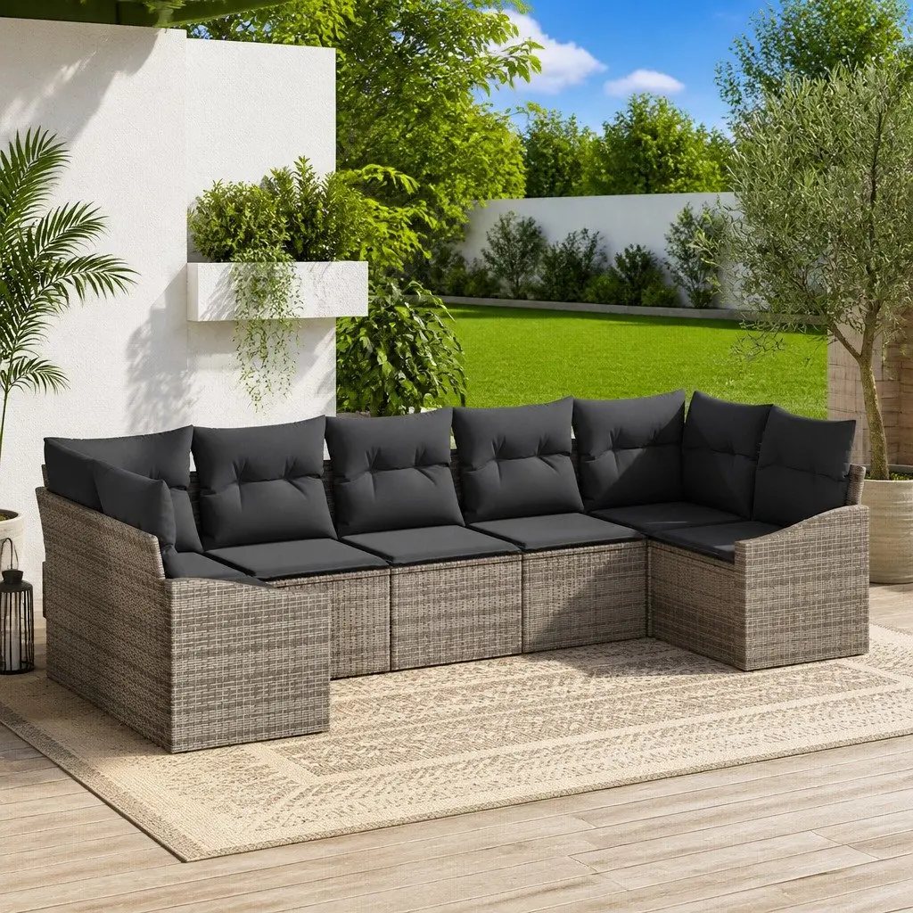 7 Piece Grey Garden Furniture Sofa Set with Cushions for Outdoor Living Poly Rattan Frame and Tempered Glass Table