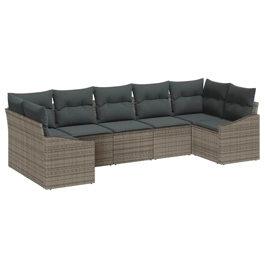 7 Piece Grey Garden Furniture Sofa Set with Cushions for Outdoor Living Poly Rattan Frame and Tempered Glass Table
