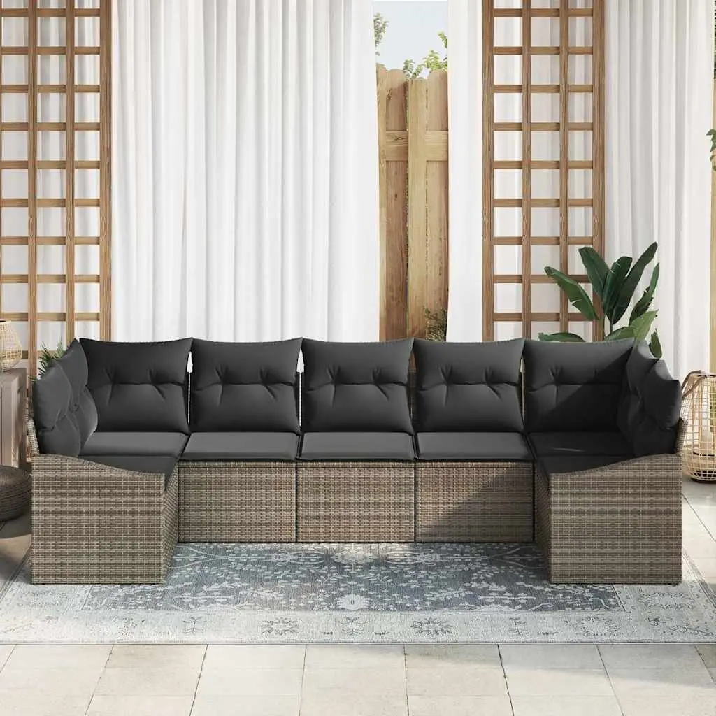 7 Piece Grey Garden Furniture Sofa Set with Cushions for Outdoor Living Poly Rattan Frame and Tempered Glass Table