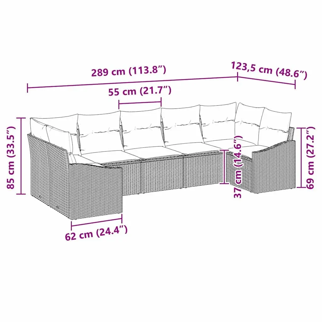 7 Piece Grey Garden Furniture Sofa Set with Cushions for Outdoor Living Poly Rattan Frame and Tempered Glass Table