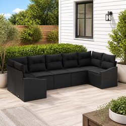 Outdoor Garden Sofa Set 7 Pcs Black Poly Rattan Patio Furniture with Cushions