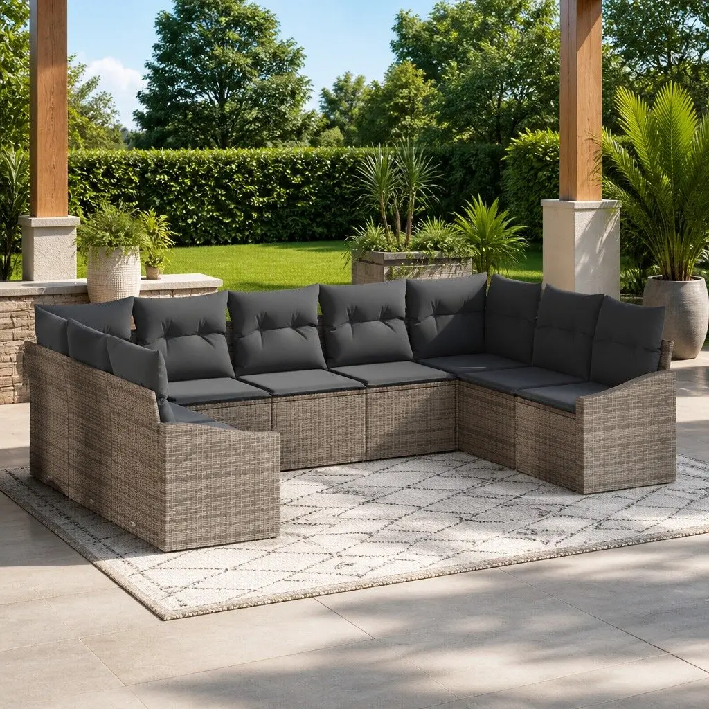 Outdoor Sofa Set Modular Grey Poly Rattan Garden Patio Furniture 9 Pieces