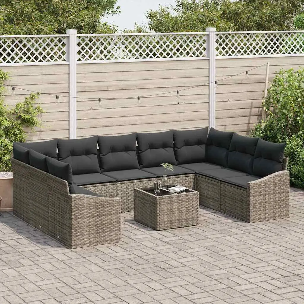 Garden Sofa Set 10 Piece Grey Poly Rattan Outdoor Furniture with Cushions
