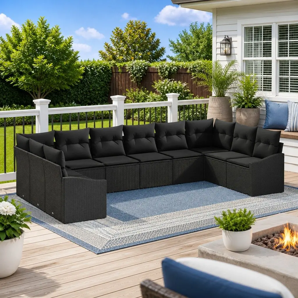 Garden Sofa Set Modular Outdoor Furniture 10 Piece Black Poly Rattan