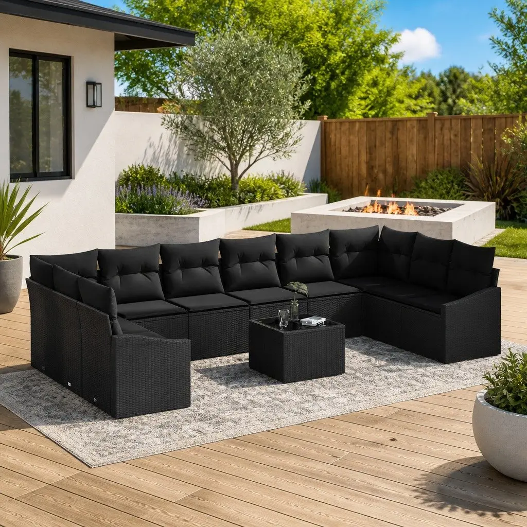 Outdoor Sofa Set 11 Pieces Black Poly Rattan Garden Patio Furniture