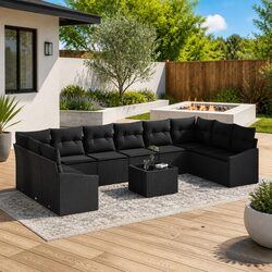 Outdoor Sofa Set 11 Pieces Black Poly Rattan Garden Patio Furniture with