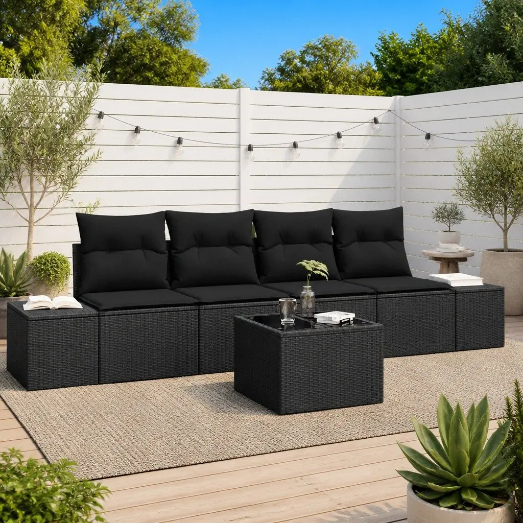 Outdoor Sofa Set 5 Pieces Garden Patio Furniture Black Poly Rattan with Cushions
