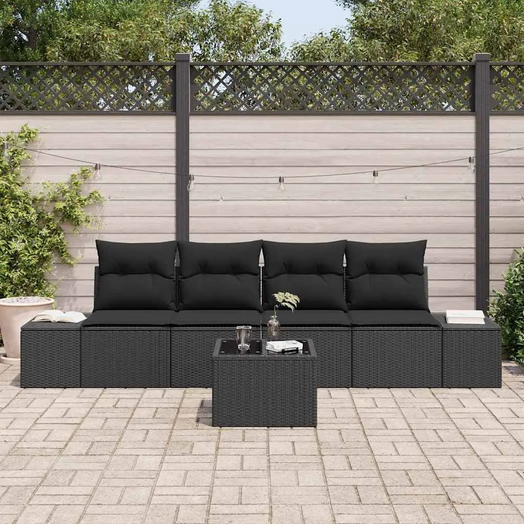 Outdoor Sofa Set 5 Pieces Garden Patio Furniture Black Poly Rattan with Cushions