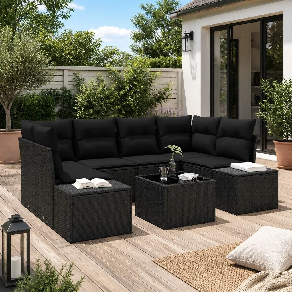 Garden Sofa Set 7 Piece Outdoor Furniture Black Poly Rattan with Cushions