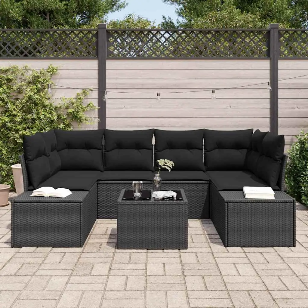 Garden Sofa Set 7 Piece Outdoor Furniture Black Poly Rattan with Cushions