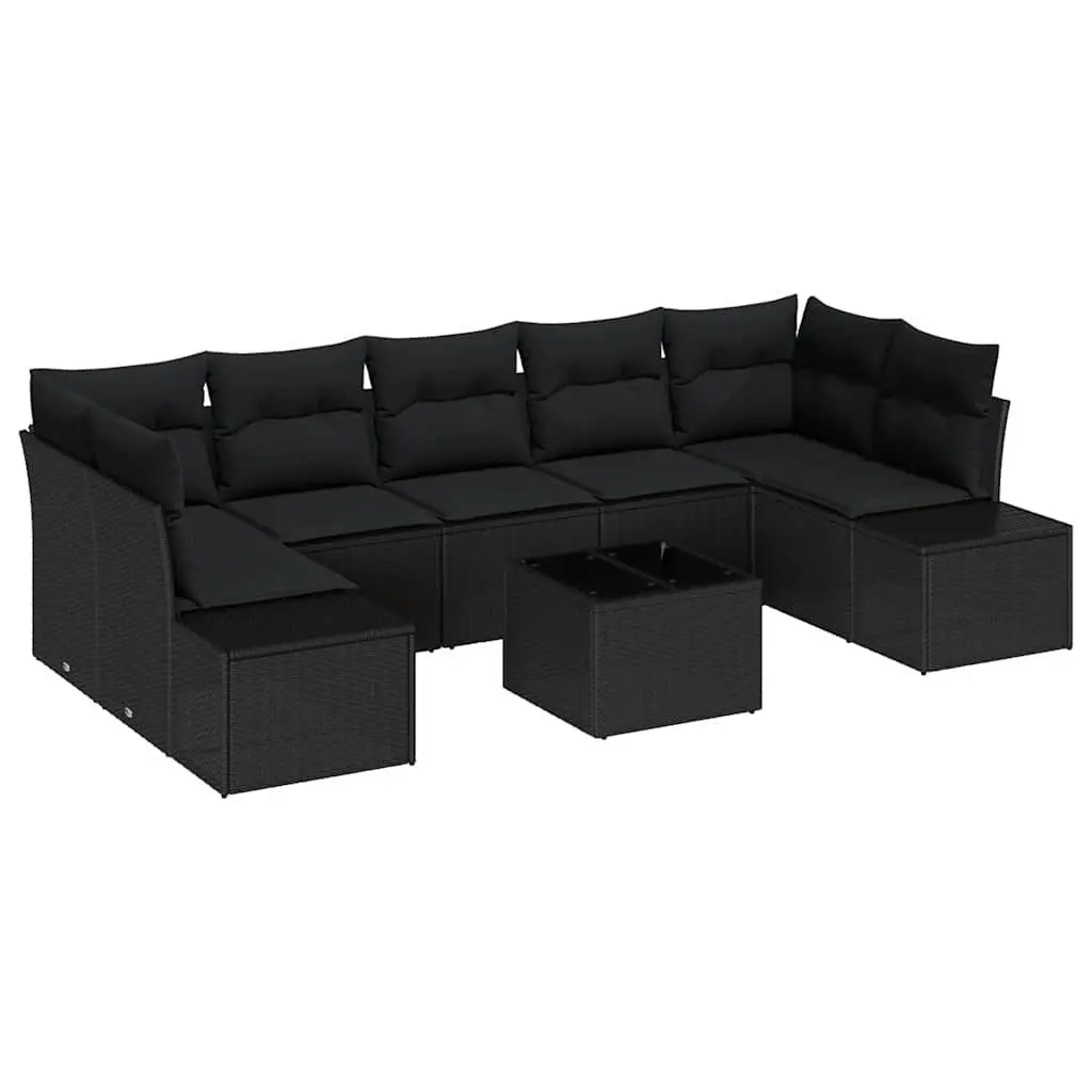Garden Sofa Set 8 Pieces Black Poly Rattan Modular Outdoor Furniture with Glass