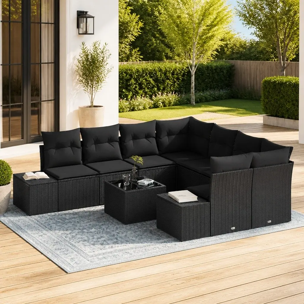 Outdoor Garden Sofa Set 9 Piece Black Poly Rattan Patio Furniture