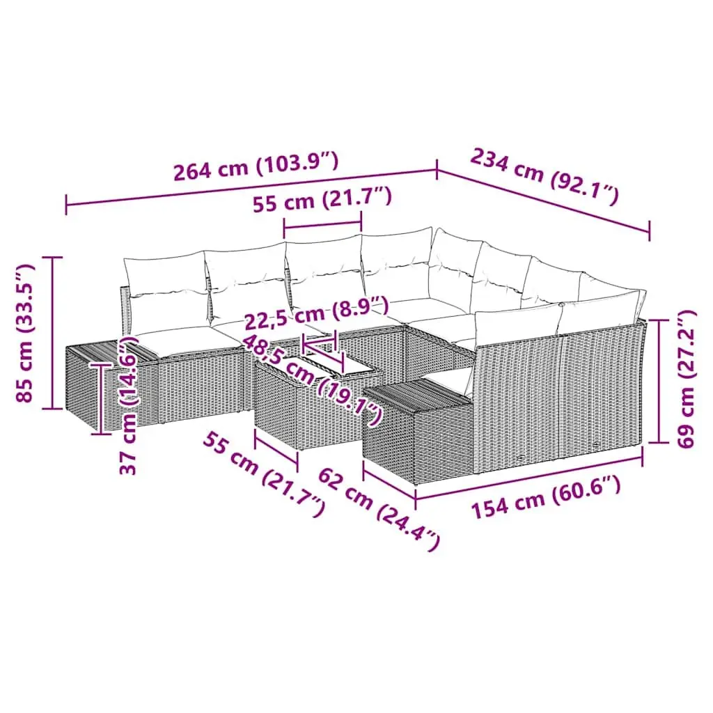 Outdoor Garden Sofa Set 9 Piece Black Poly Rattan Patio Furniture