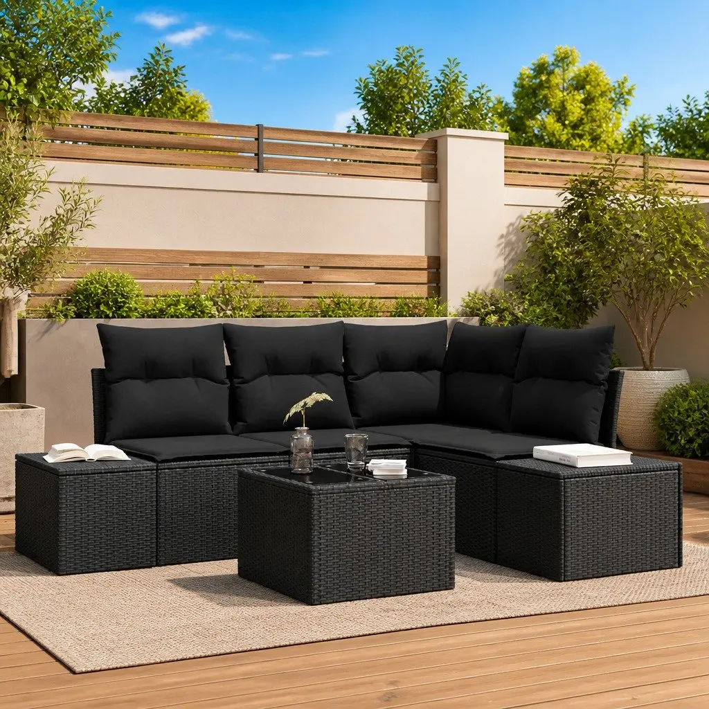 Outdoor Garden Sofa Set 5 Piece Modular Patio Lounge Black Poly Rattan Furniture