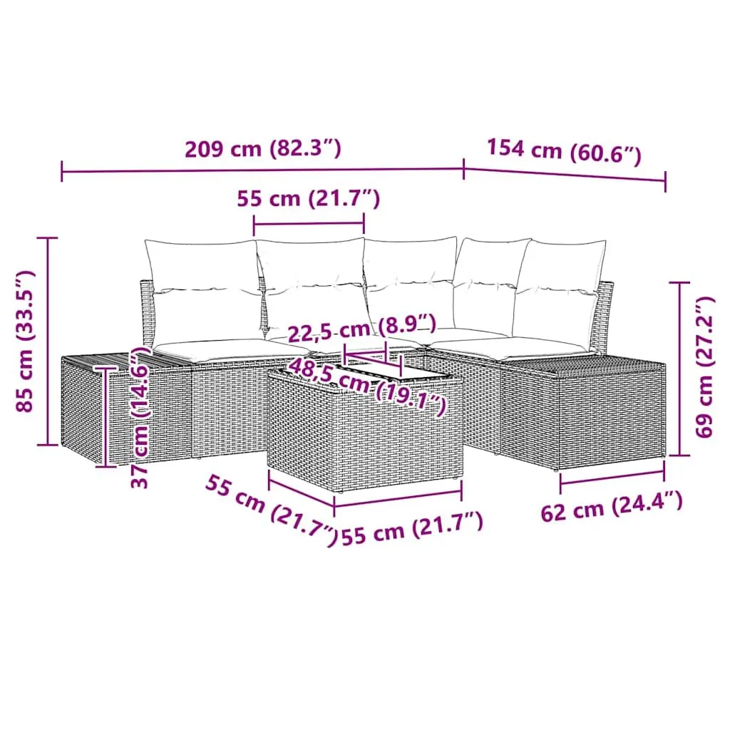 Outdoor Garden Sofa Set 5 Piece Modular Patio Lounge Black Poly Rattan Furniture