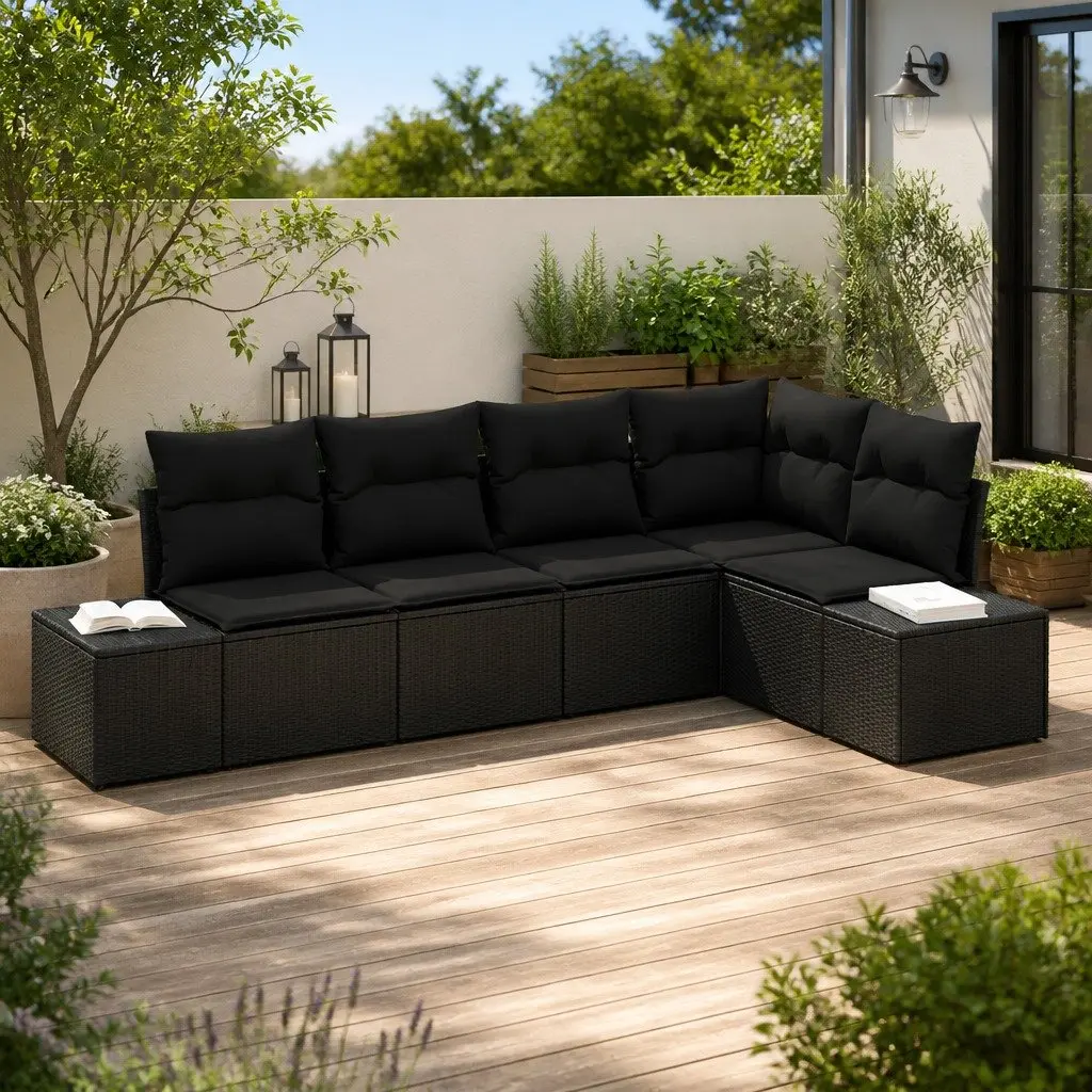 Outdoor Garden Sofa Set 5 Pieces Black Modular Poly Rattan Patio Furniture