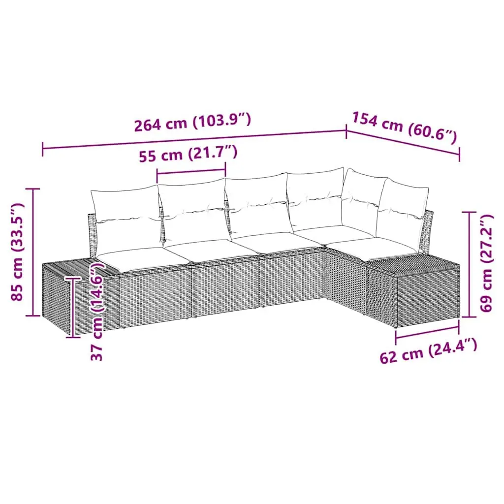 Outdoor Garden Sofa Set 5 Pieces Black Modular Poly Rattan Patio Furniture