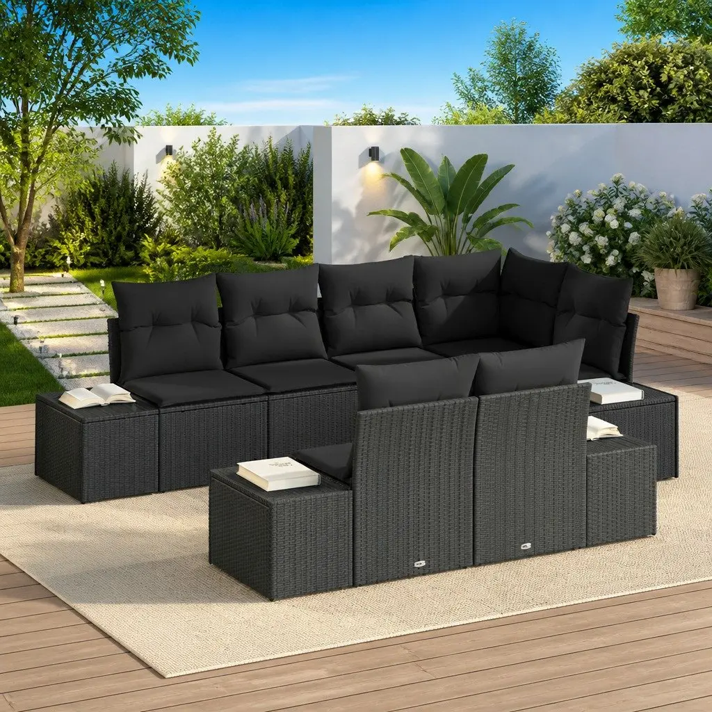 Outdoor Garden Sofa Set 7 Piece Modular Lounge Furniture Black Poly Rattan
