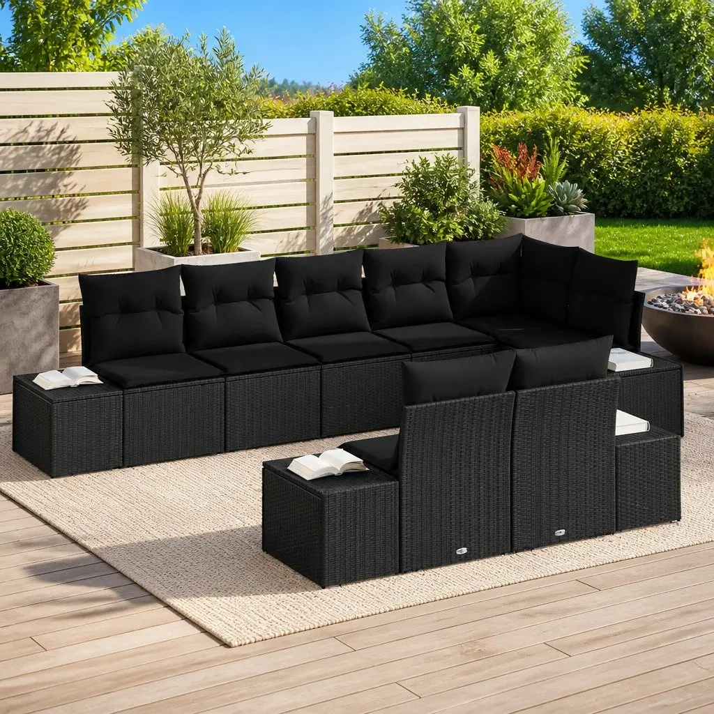 Garden Sofa Set Modular Outdoor Lounge 8 Piece Cushioned Black Poly Rattan