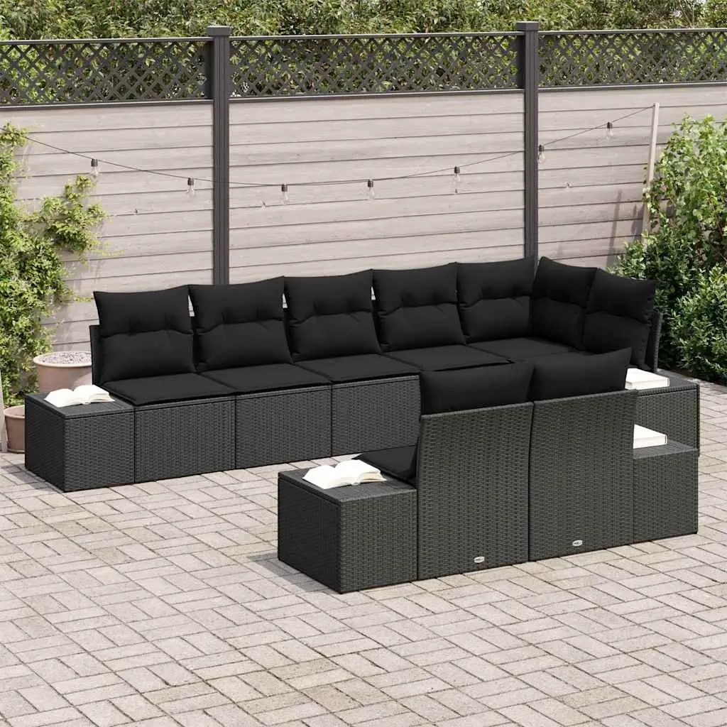 Garden Sofa Set Modular Outdoor Lounge 8 Piece Cushioned Black Poly Rattan