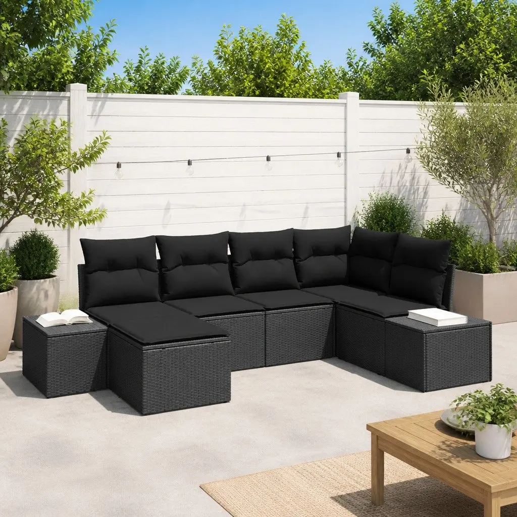 Modular Garden Sofa Set 6-Piece Outdoor Sectional Black Poly Rattan With