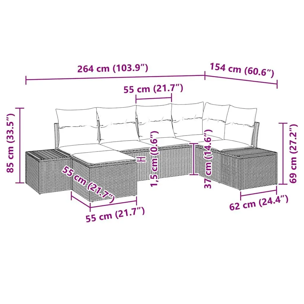 Modular Garden Sofa Set 6-Piece Outdoor Sectional Black Poly Rattan With