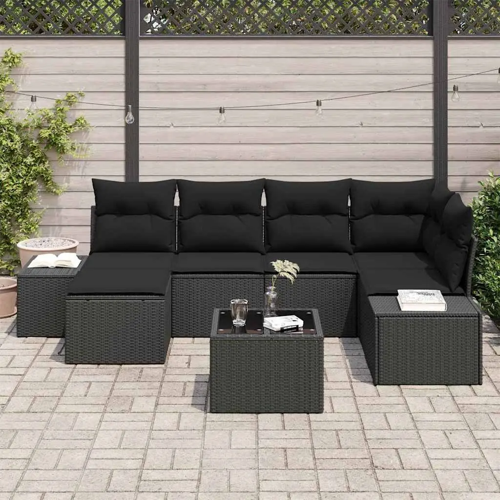 7 Piece Modular Outdoor Garden Sofa Set Flexible Arrangement Poly Rattan Furniture with Cushions Black