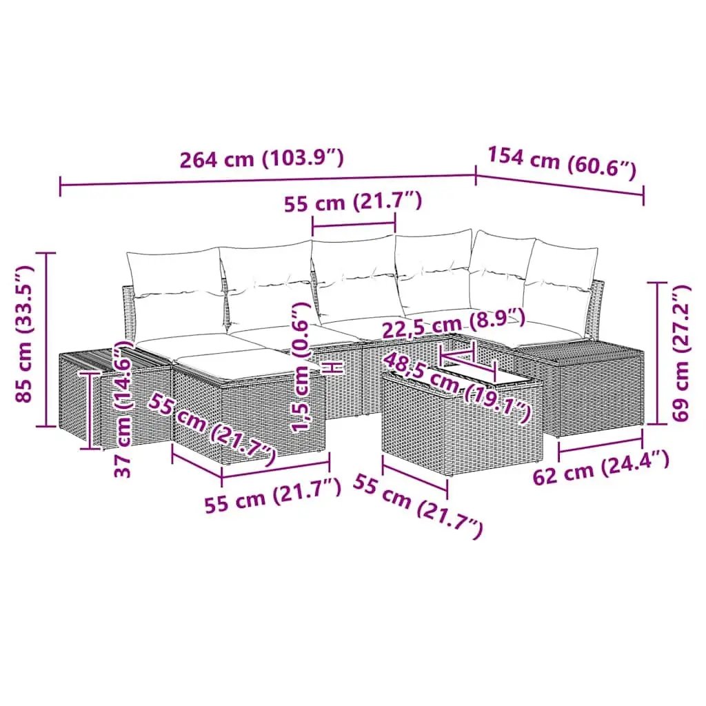 7 Piece Modular Outdoor Garden Sofa Set Flexible Arrangement Poly Rattan Furniture with Cushions Black