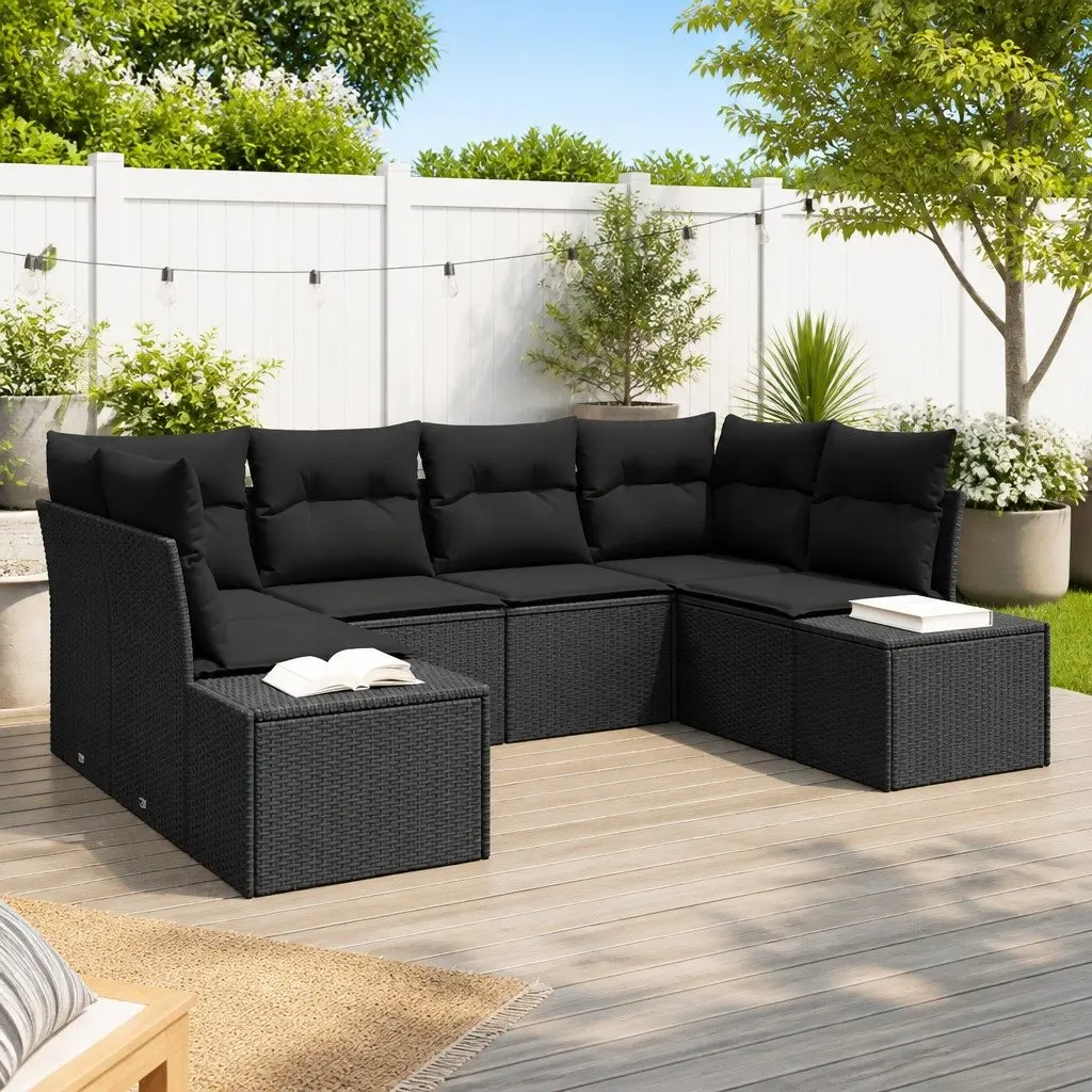 Garden Sofa Set Modular Outdoor Furniture 6 Piece Black Poly Rattan with Cushions