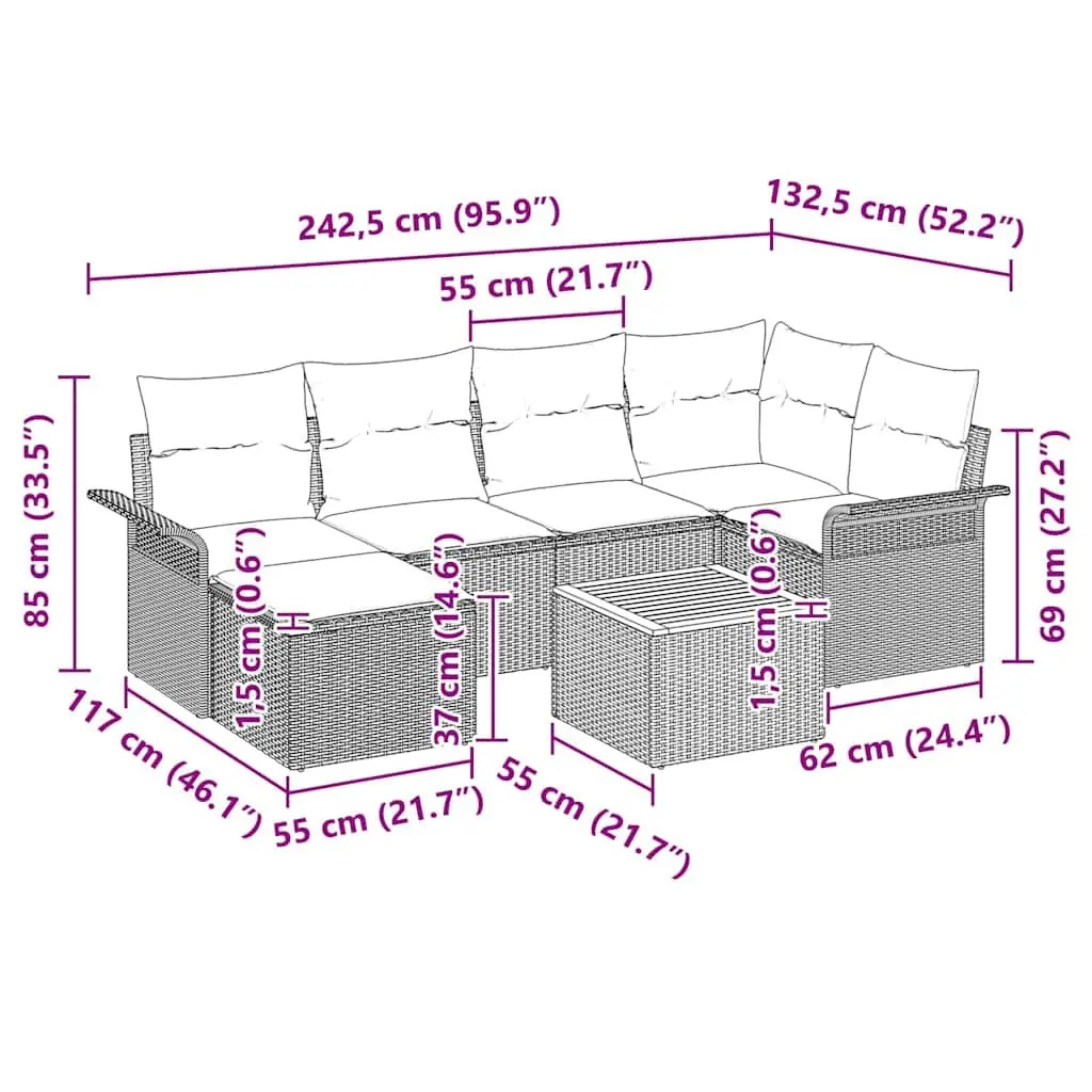 7 Piece Modular Garden Sofa Set Grey Poly Rattan Outdoor Patio Furniture