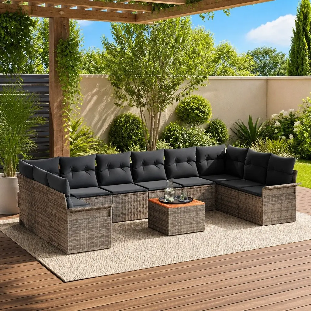 Modular Garden Sofa Set 11 Pieces Outdoor Seating Grey Poly Rattan