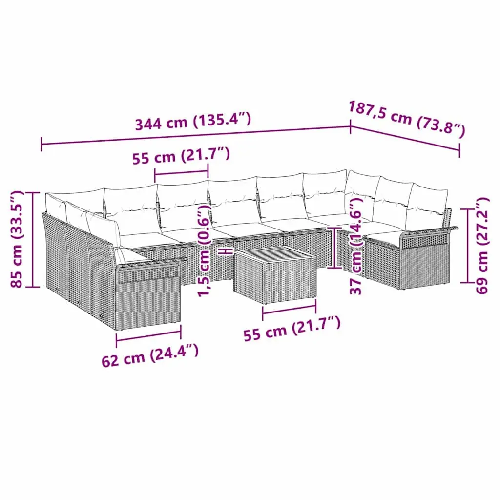 Modular Garden Sofa Set 11 Pieces Outdoor Seating Grey Poly Rattan