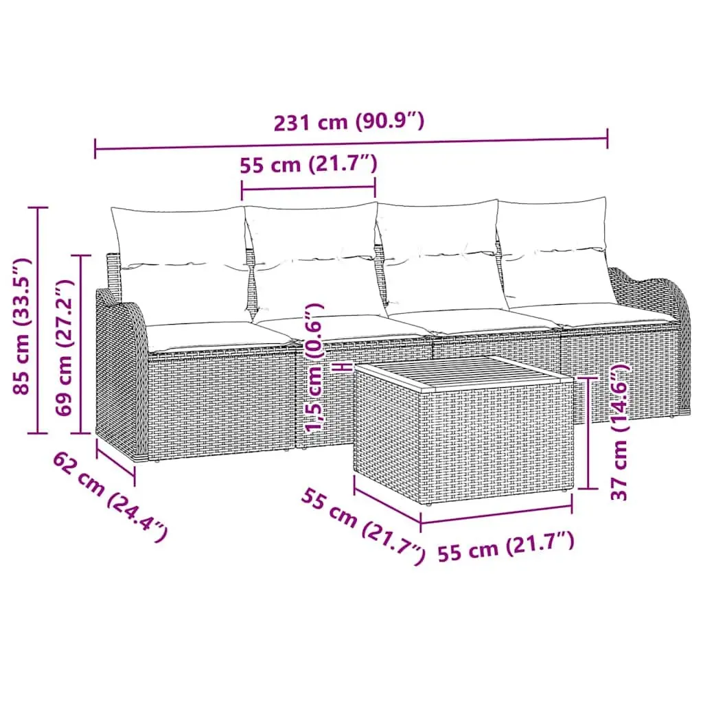 Outdoor Garden Sofa Set 5 Piece Modular Patio Furniture Grey Poly Rattan With