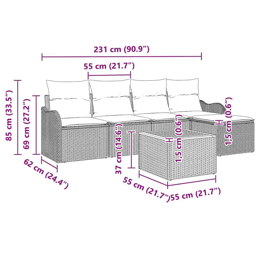 Garden Sofa Set 6 Piece Modular Outdoor Furniture Grey Poly Rattan Patio