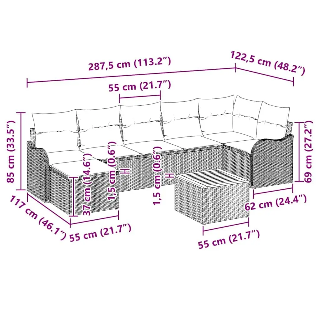 Garden Sofa Set 8 Piece Modular Outdoor Patio Furniture Grey Poly Rattan
