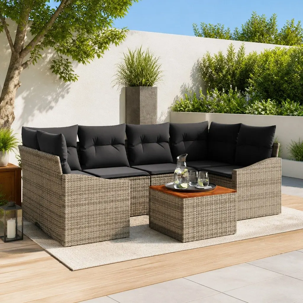 Modular Garden Sofa Set 7 Piece Outdoor Relaxation Grey Poly Rattan with Solid Acacia Wood Table