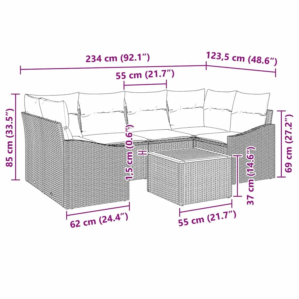 Modular Garden Sofa Set 7 Piece Outdoor Relaxation Grey Poly Rattan with Solid Acacia Wood Table