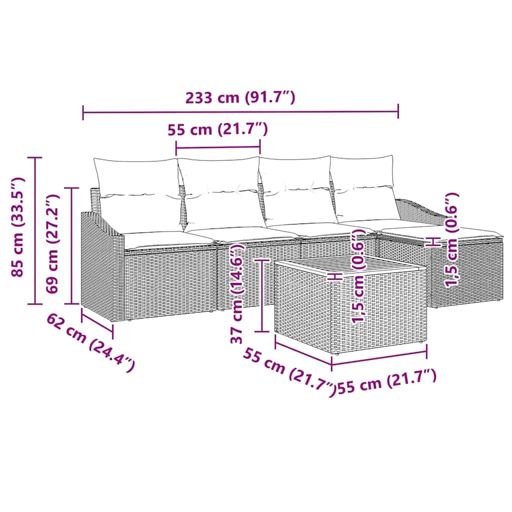 Garden Sofa Set Modular Outdoor Furniture 6 Piece Grey Poly Rattan with Cushions
